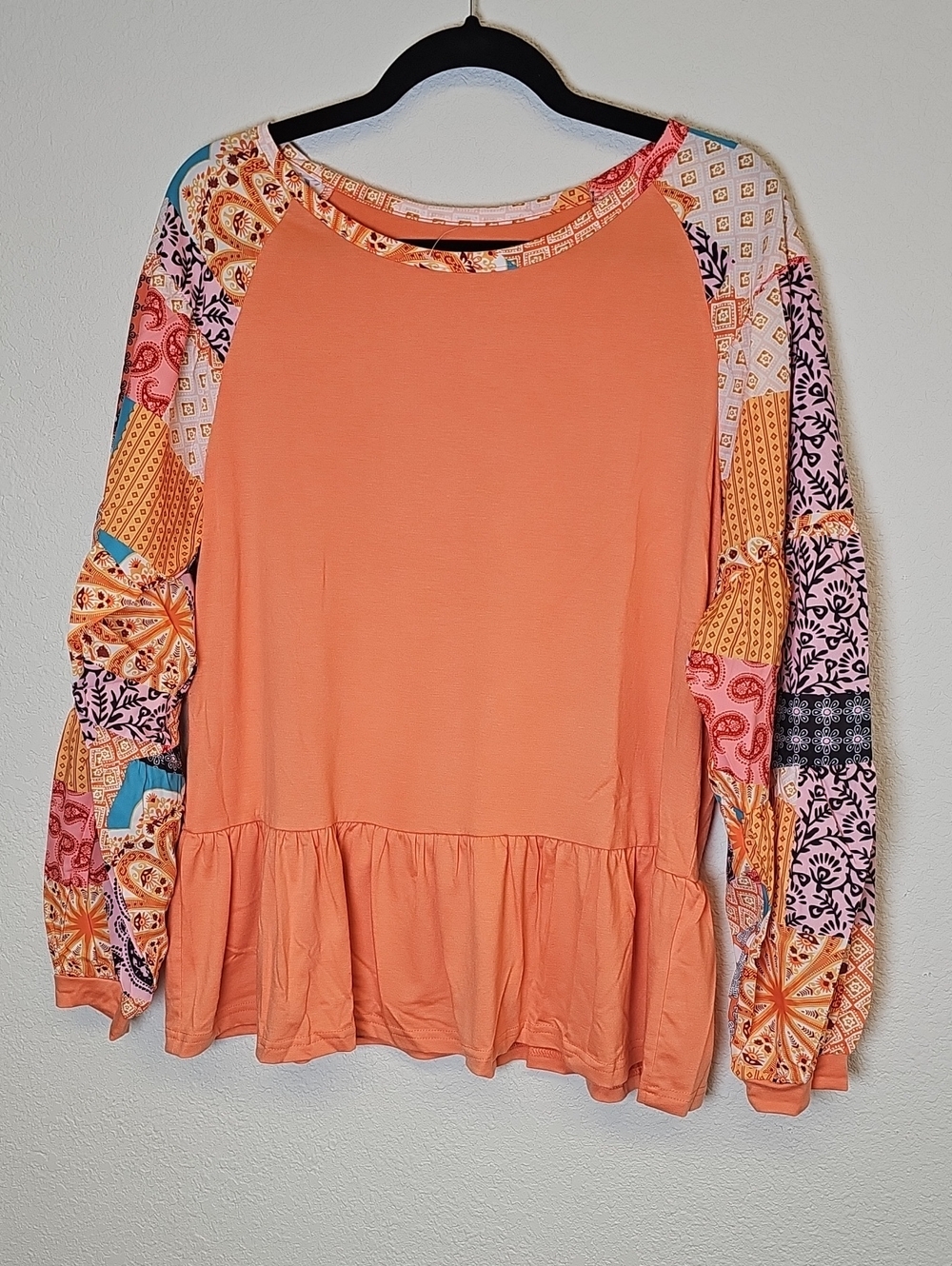 Peach Raglan Oversized Peplum Tunic Top with Patchwork Print  Sleeve Fits M-XL
